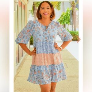 Marissa Olivia Gillian Boho Printed Balloon Sleeve Tiered Mini Dress Size Small